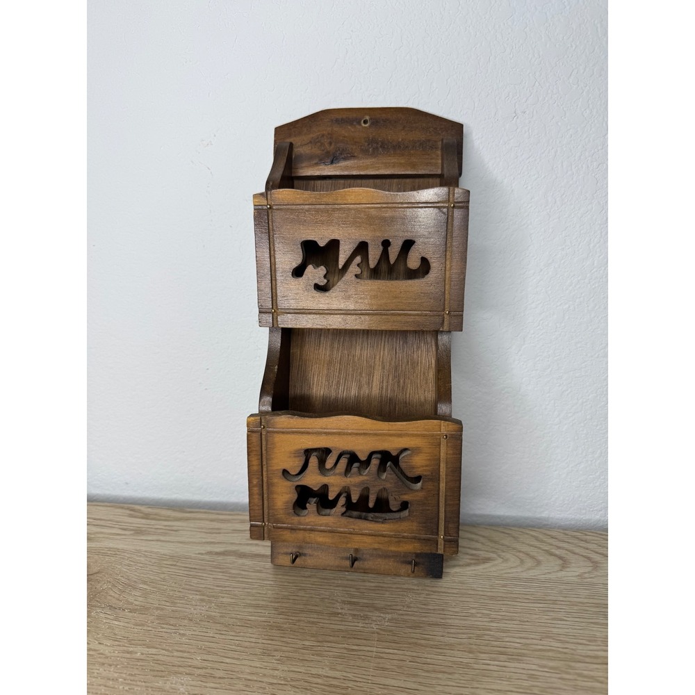 Vintage Wood Wall Mount Junk Mail Organizer Key Holder Entryway Rack Cottagecore